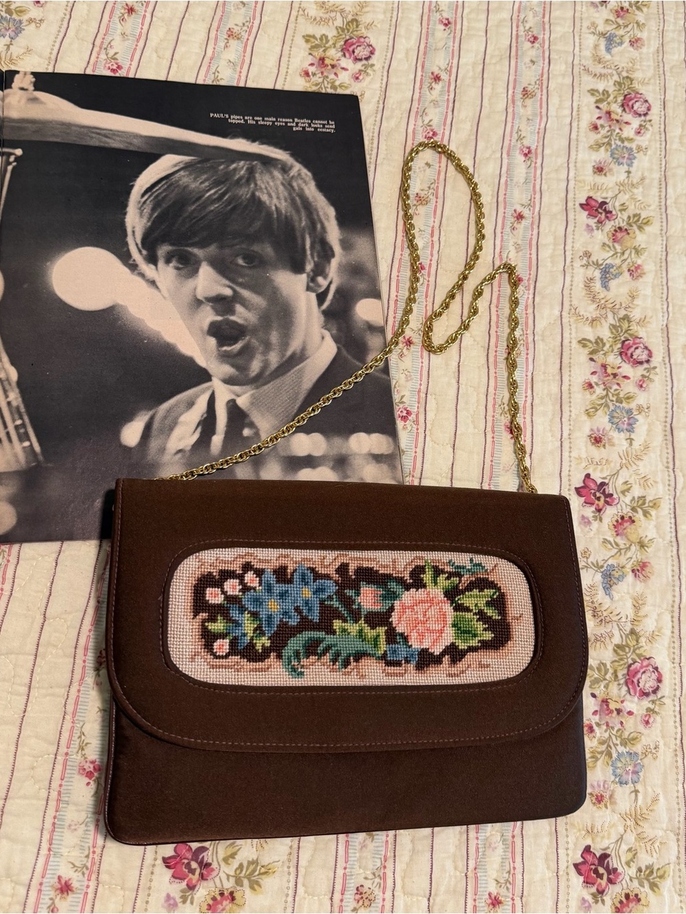 True Vintage 1970s Brown Floral Needlepoint Chain Strap Envelope Purse VTG